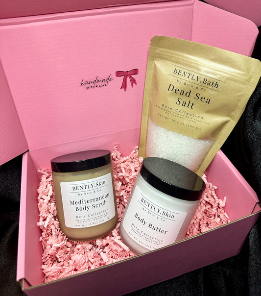 BENTLY. Dead Sea Salt Soak, Body Butter, + Body Scrub Gift Box Set